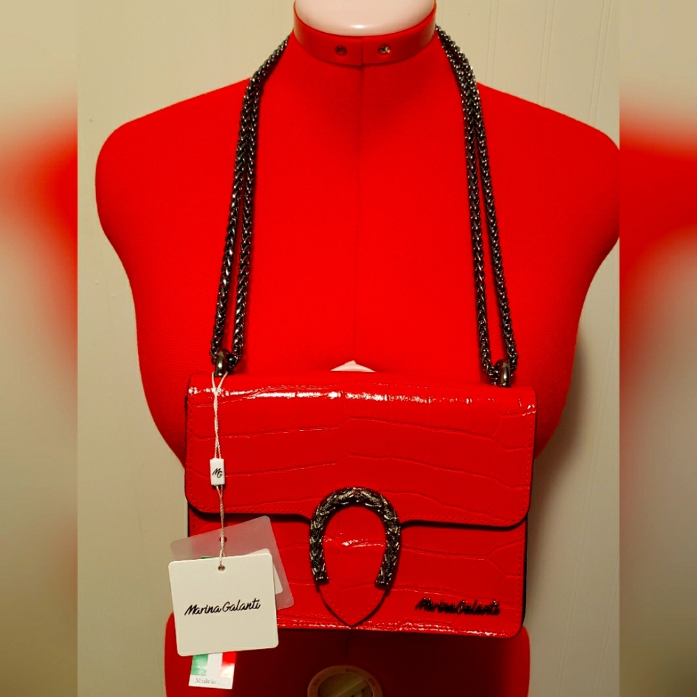 Marina Galanti, red leather purse, with black strap. New, never used.